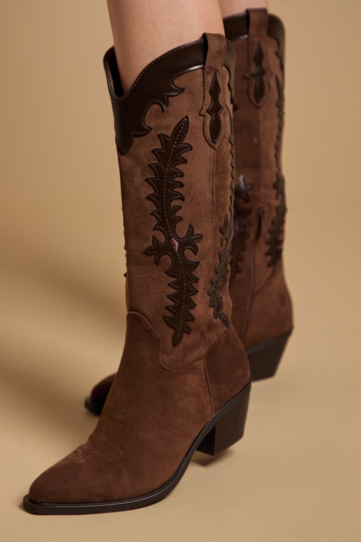 Oasis Oasis Women's Jessie Faux Suede & Leather Western Cowboy Calf Boots in Brown - 4