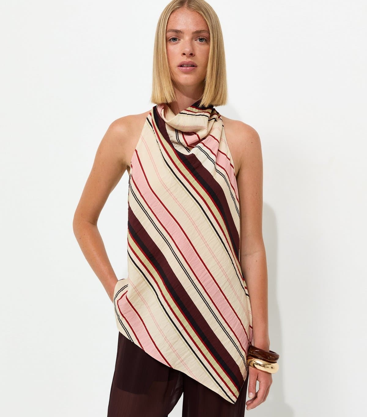 New Look Women's Pink Crinkle Texture Diagonal Stripe Cowl Neck Halter Top New Look