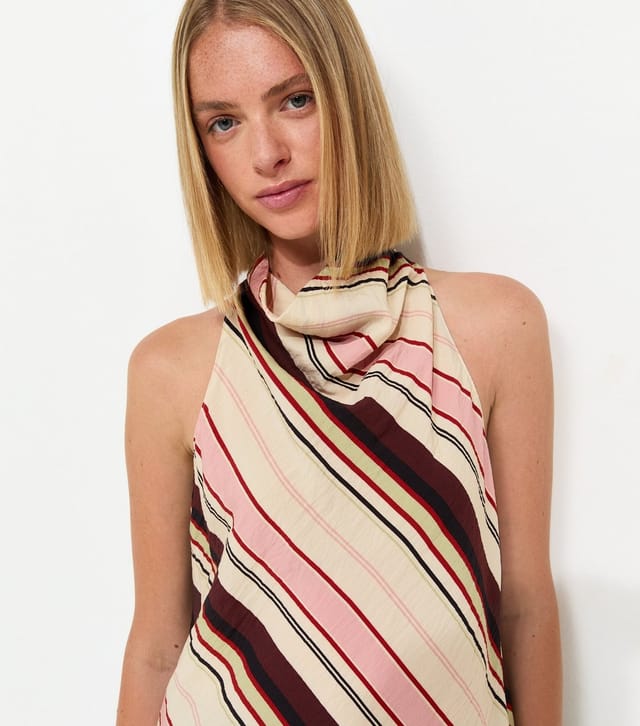 New Look Women's Pink Crinkle Texture Diagonal Stripe Cowl Neck Halter Top New Look - 2