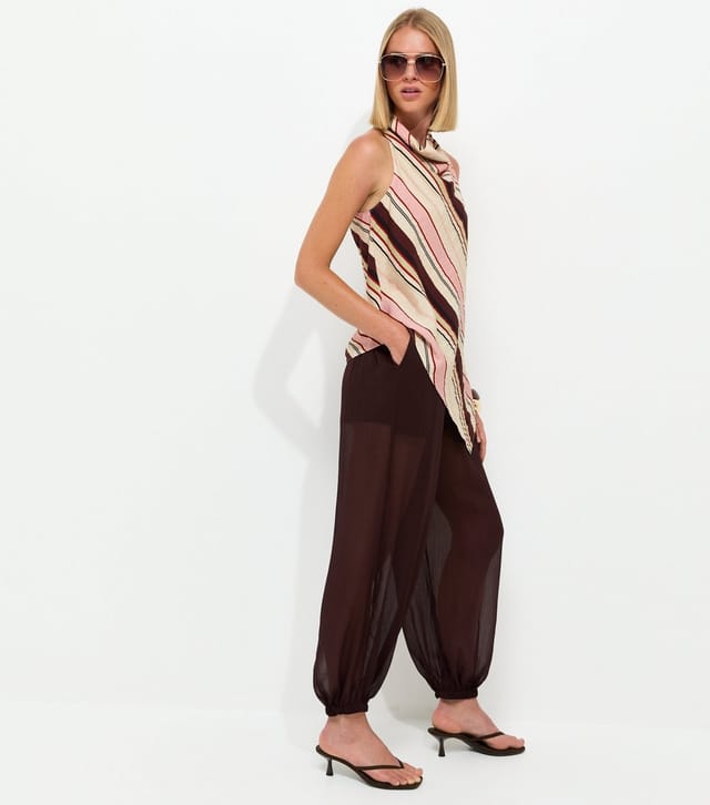 New Look Women's Pink Crinkle Texture Diagonal Stripe Cowl Neck Halter Top New Look - 3