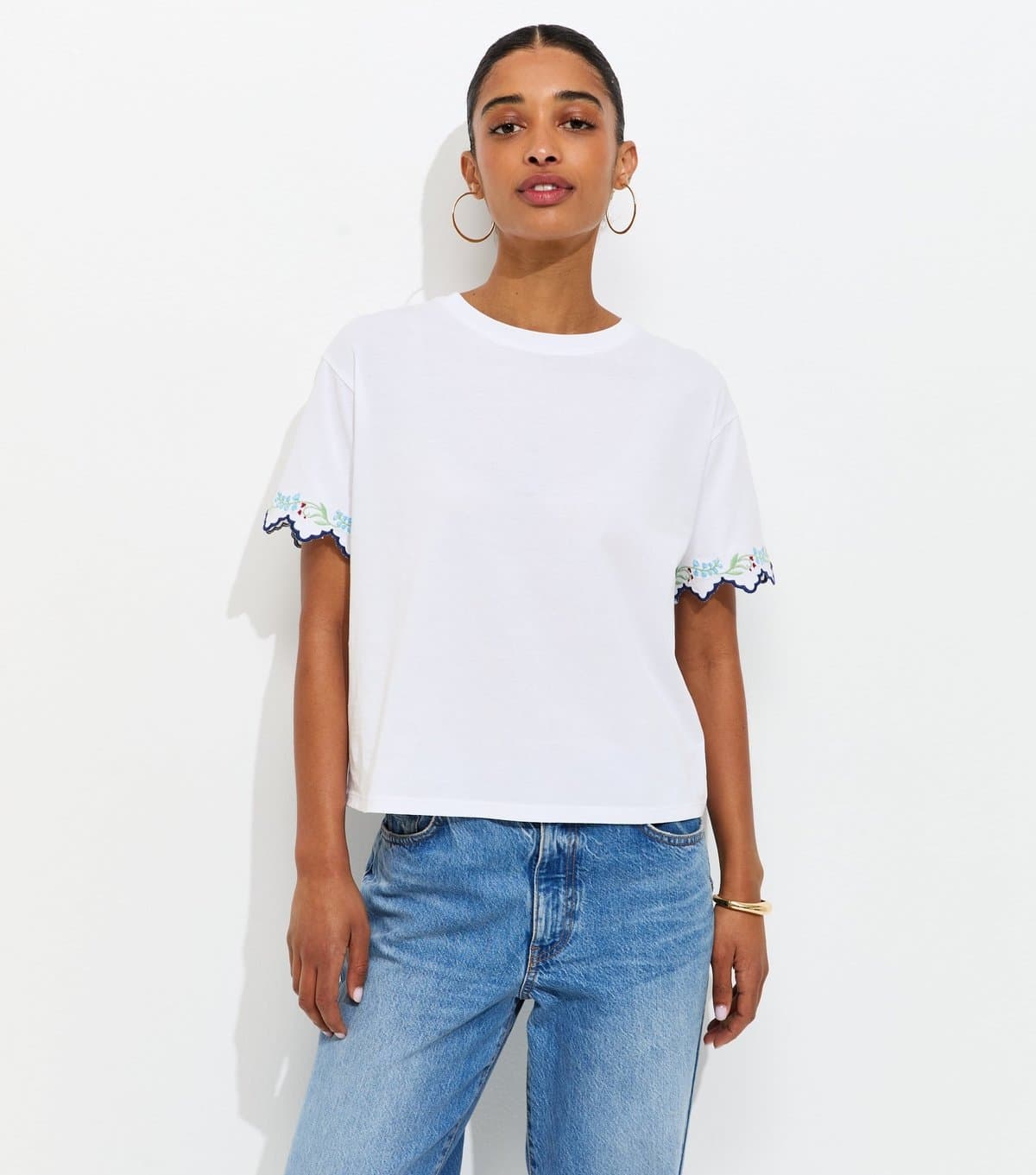 New Look Women's White Embroidered Sleeve Boxy T-Shirt New Look