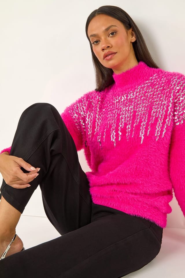 Dusk Dusk Women's Sequin Embellished Fluffy Knit Jumper in Pink - 2