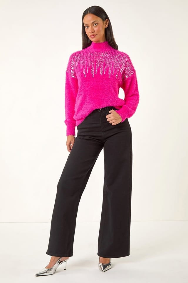 Dusk Dusk Women's Sequin Embellished Fluffy Knit Jumper in Pink - 3