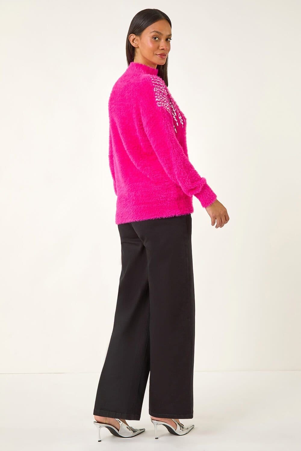 Dusk Dusk Women's Sequin Embellished Fluffy Knit Jumper in Pink - 4