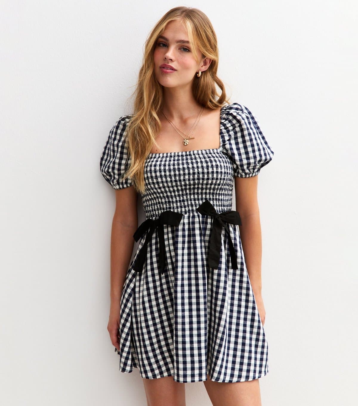 New Look Women's Navy Gingham Check Bow Applique Mini Dress New Look