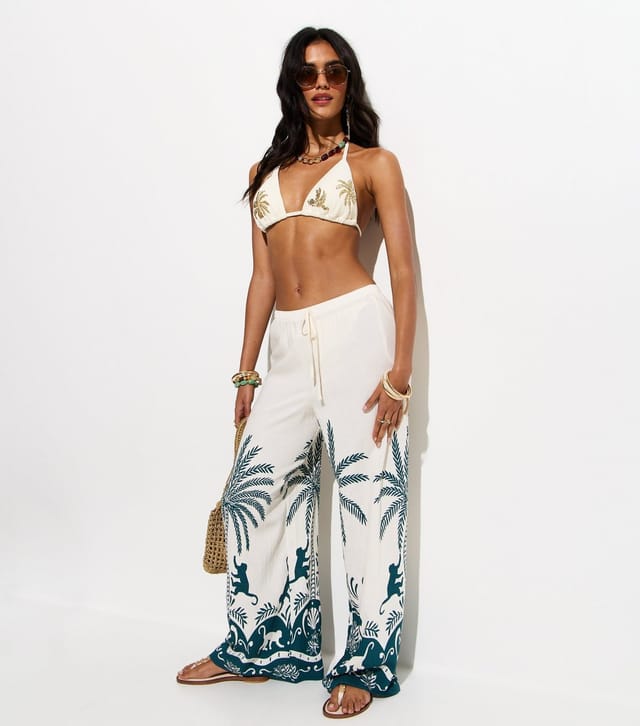 New Look Women's White Sequin Palm Tree Triangle Bikini Top New Look - 3