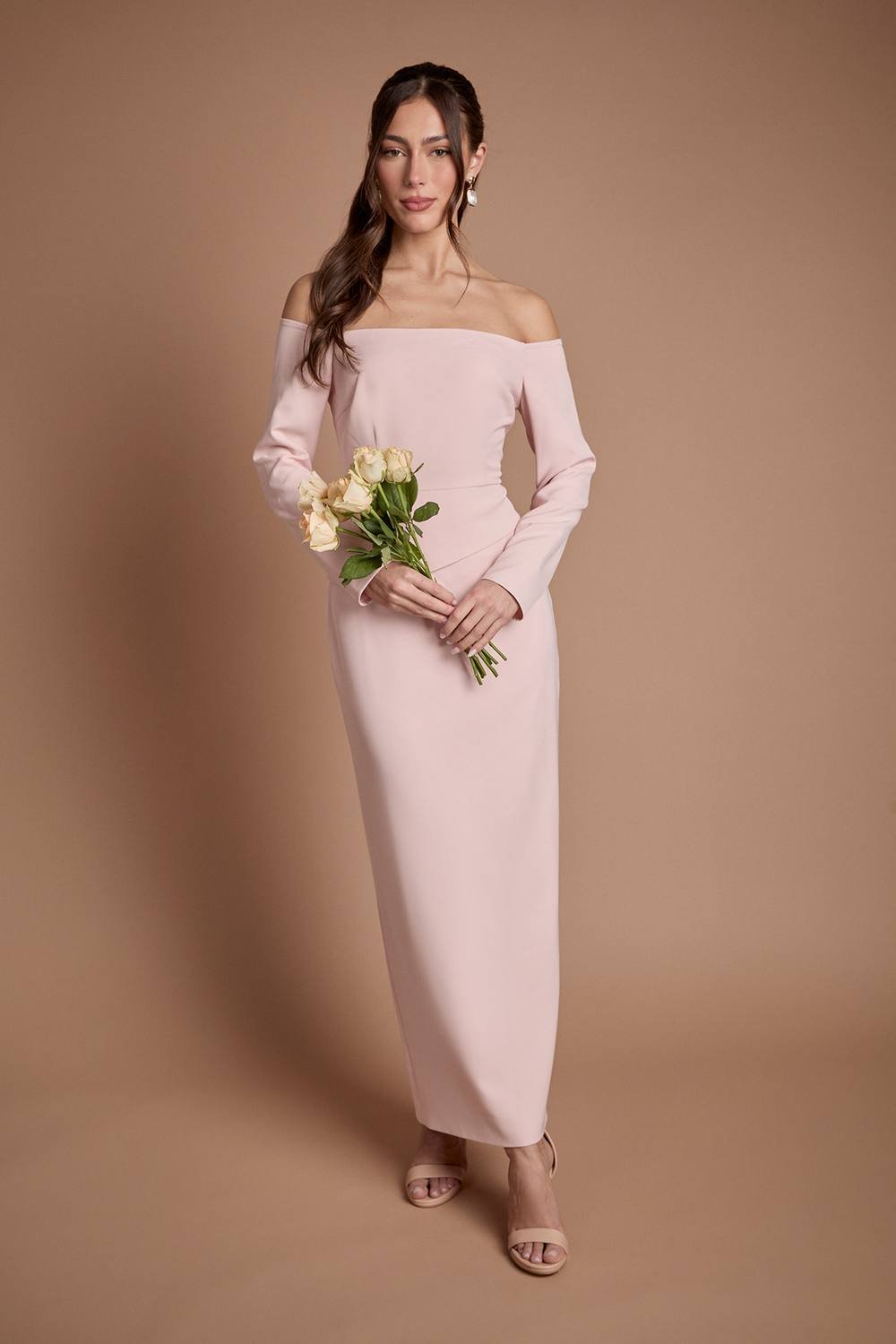Coast Coast Women's Crepe Bardot Long Sleeve Bridesmaid Maxi Dress in Blush - 2