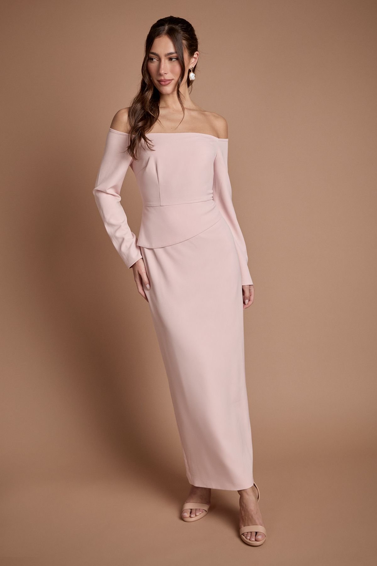 Coast Coast Women's Crepe Bardot Long Sleeve Bridesmaid Maxi Dress in Blush - 4