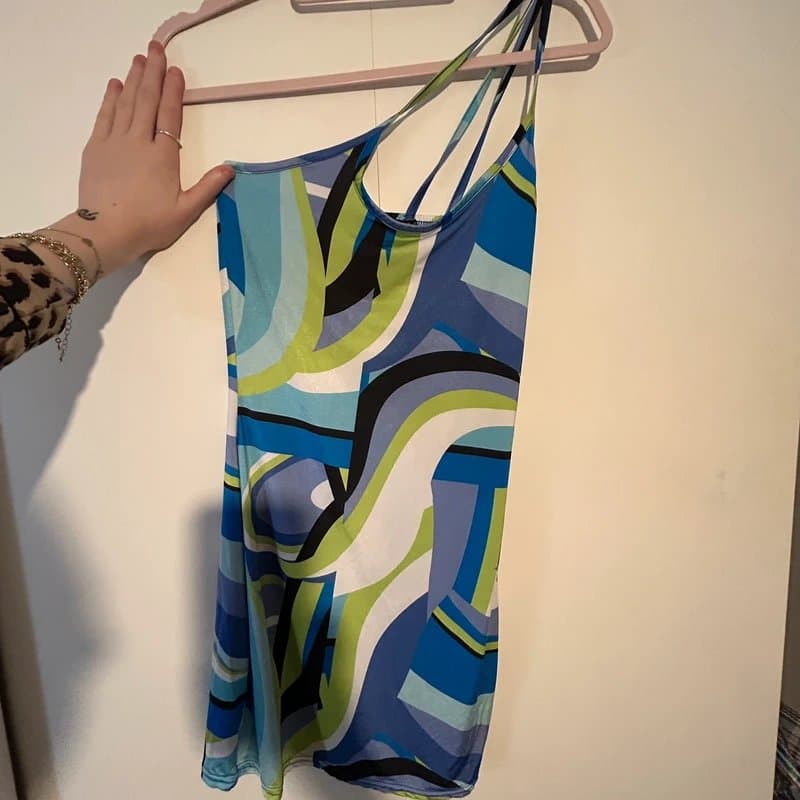 PrettyLittleThing Geometric print bodycon with asymmetrical straps