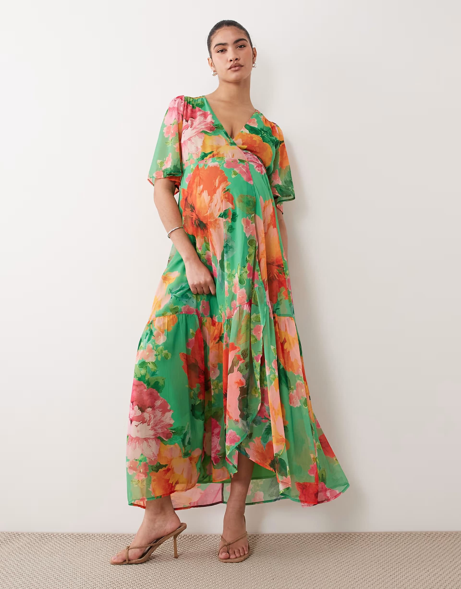 ASOS Hope & Ivy Maternity flutter sleeve tie waist maxi wrap dress in green floral