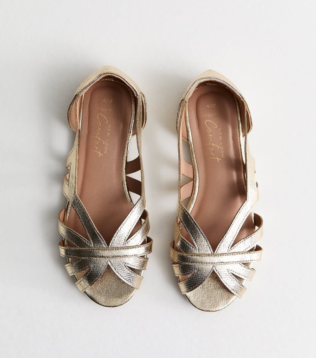 New Look Women's Wide Fit Gold Faux Leather Peep Toe Flats Vegan New Look