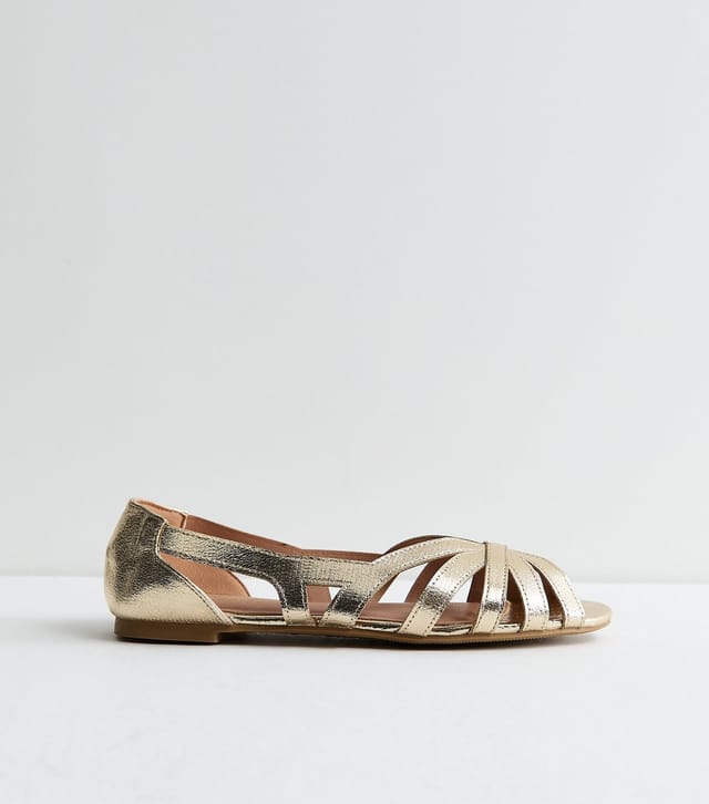 New Look Women's Wide Fit Gold Faux Leather Peep Toe Flats Vegan New Look - 3