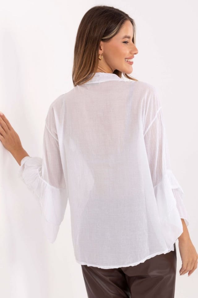 Love Lace Love Lace Women's Classic Cotton Shirt with Ruffled Sleeve Jabot in White - 3