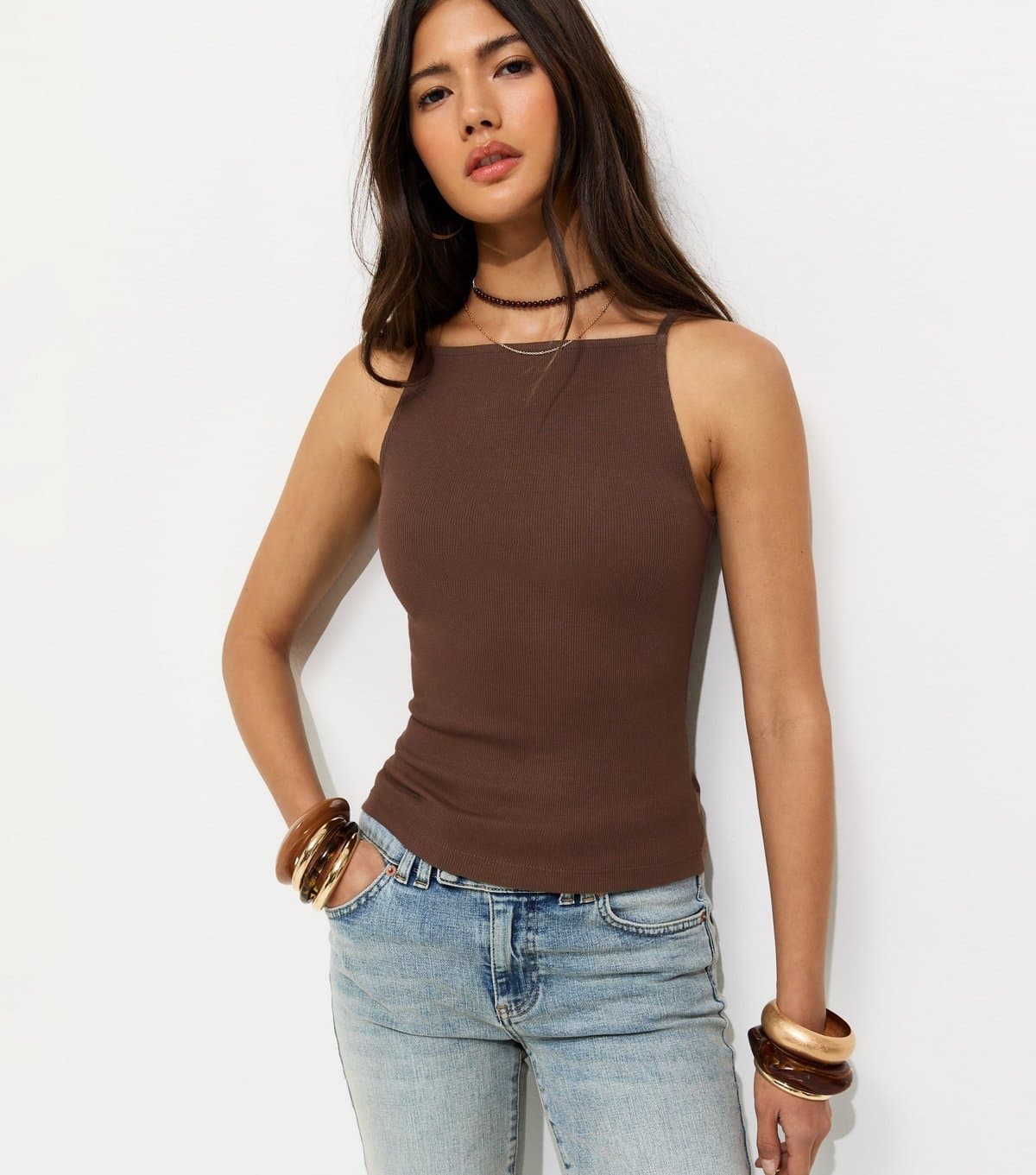 New Look New Look Slim Dark Brown Ribbed Jersey Square Neckline Vest