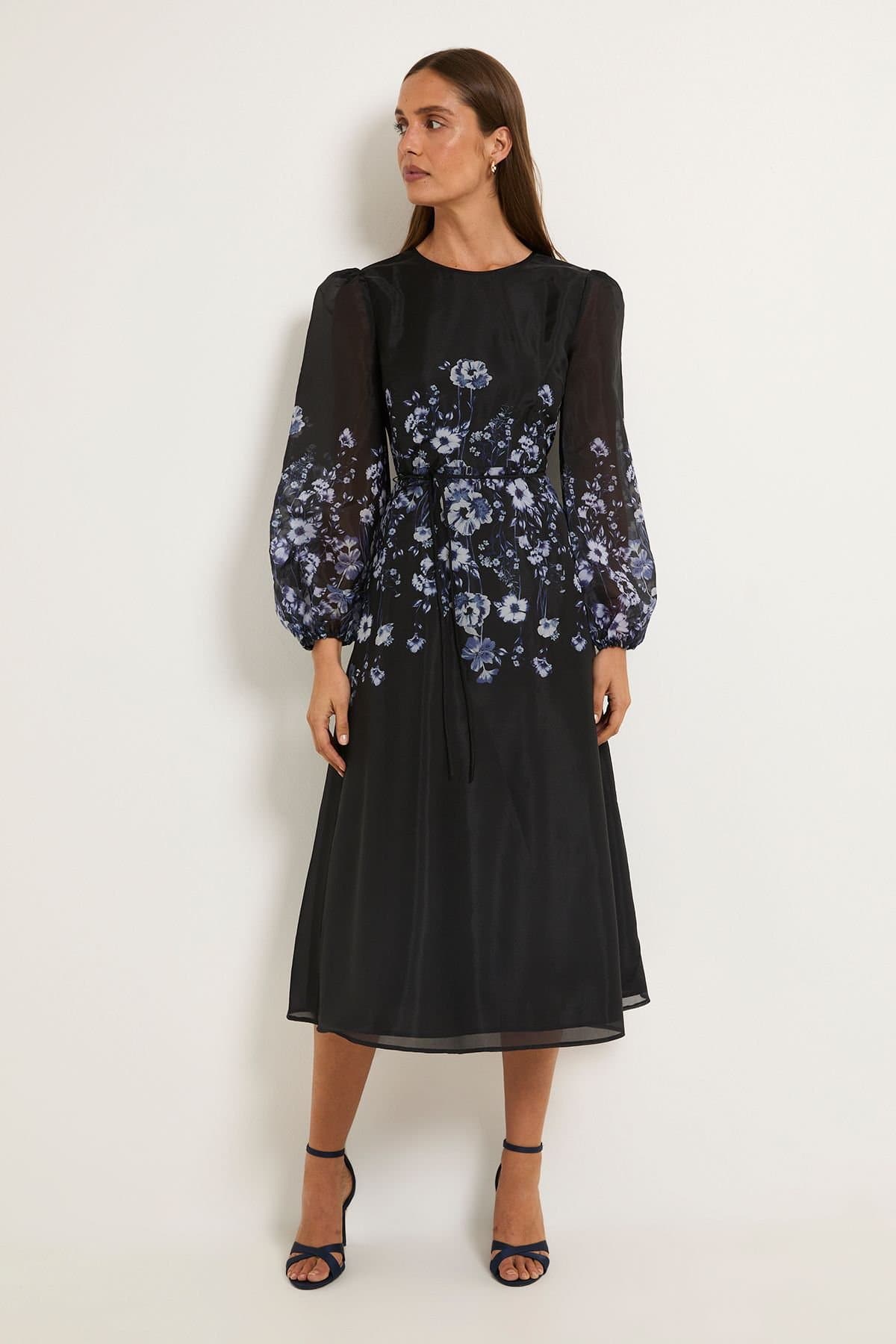 Wallis Wallis Women's Floral Placement Organza Midi Dress in Navy
