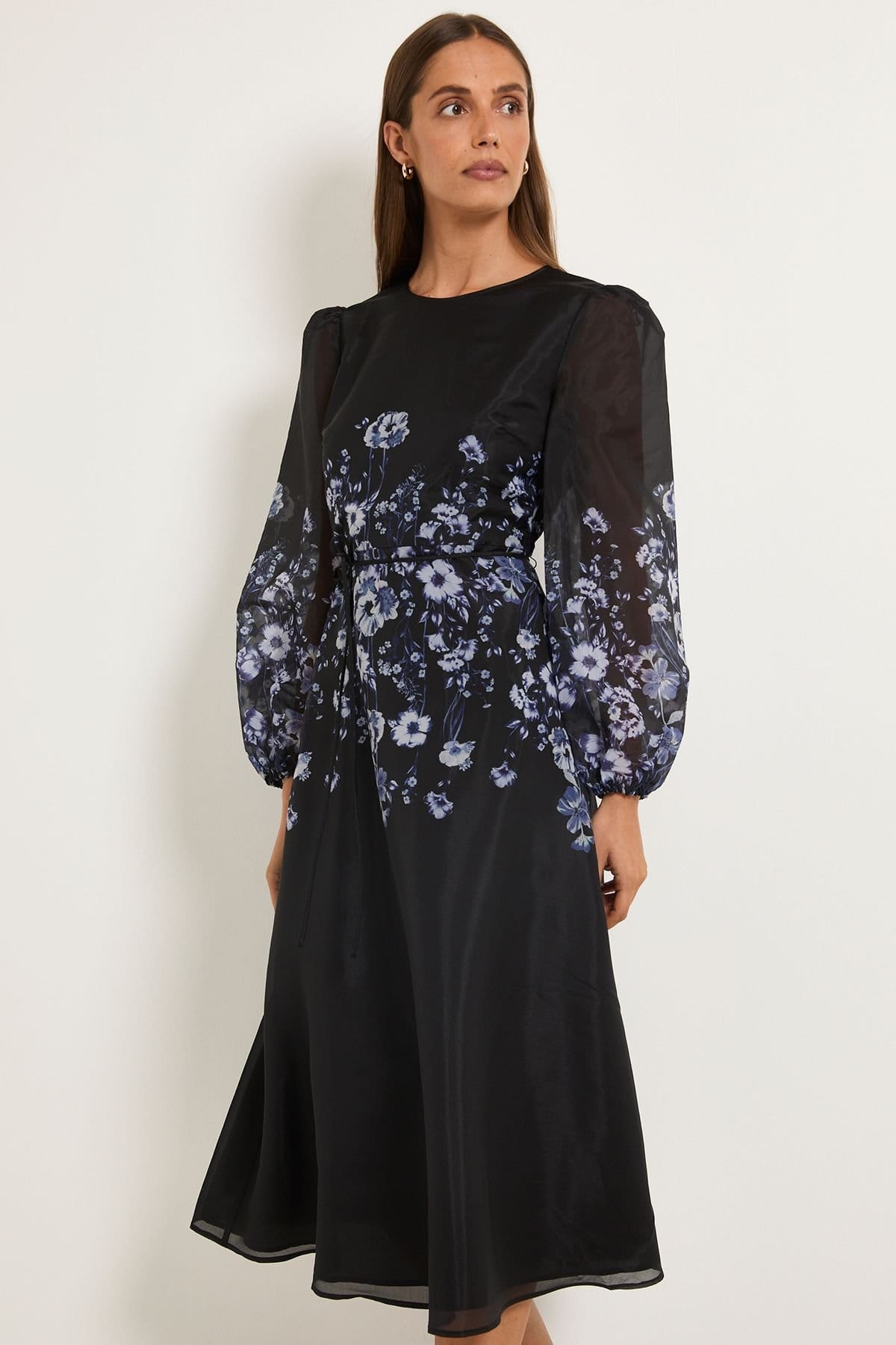 Wallis Wallis Women's Floral Placement Organza Midi Dress in Navy - 4