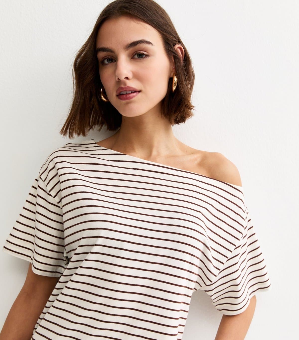 New Look New Look White and Brown Striped Off-Shoulder T-Shirt