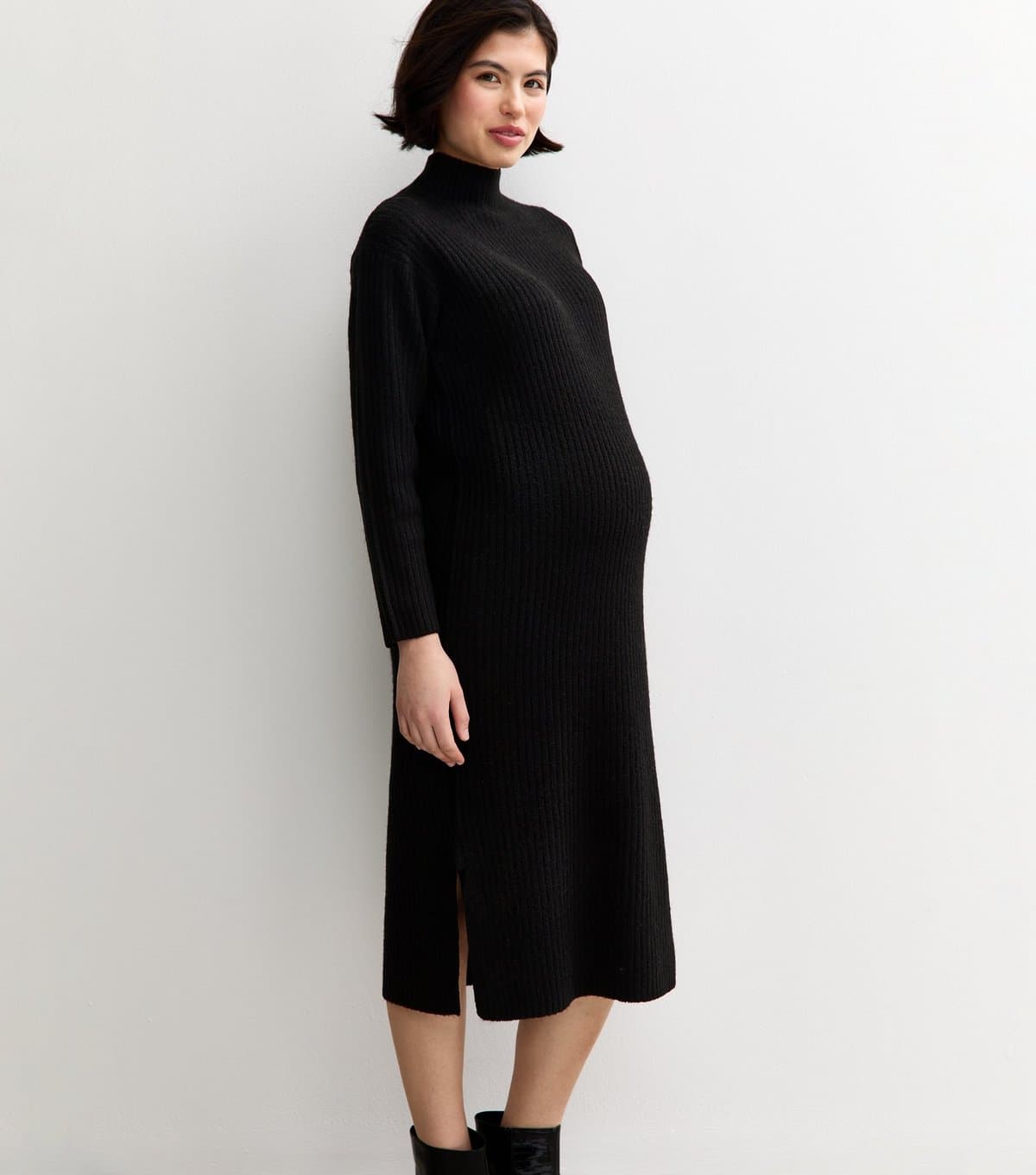 New Look Women's Maternity Black Rib High Neck Midi Dress New Look