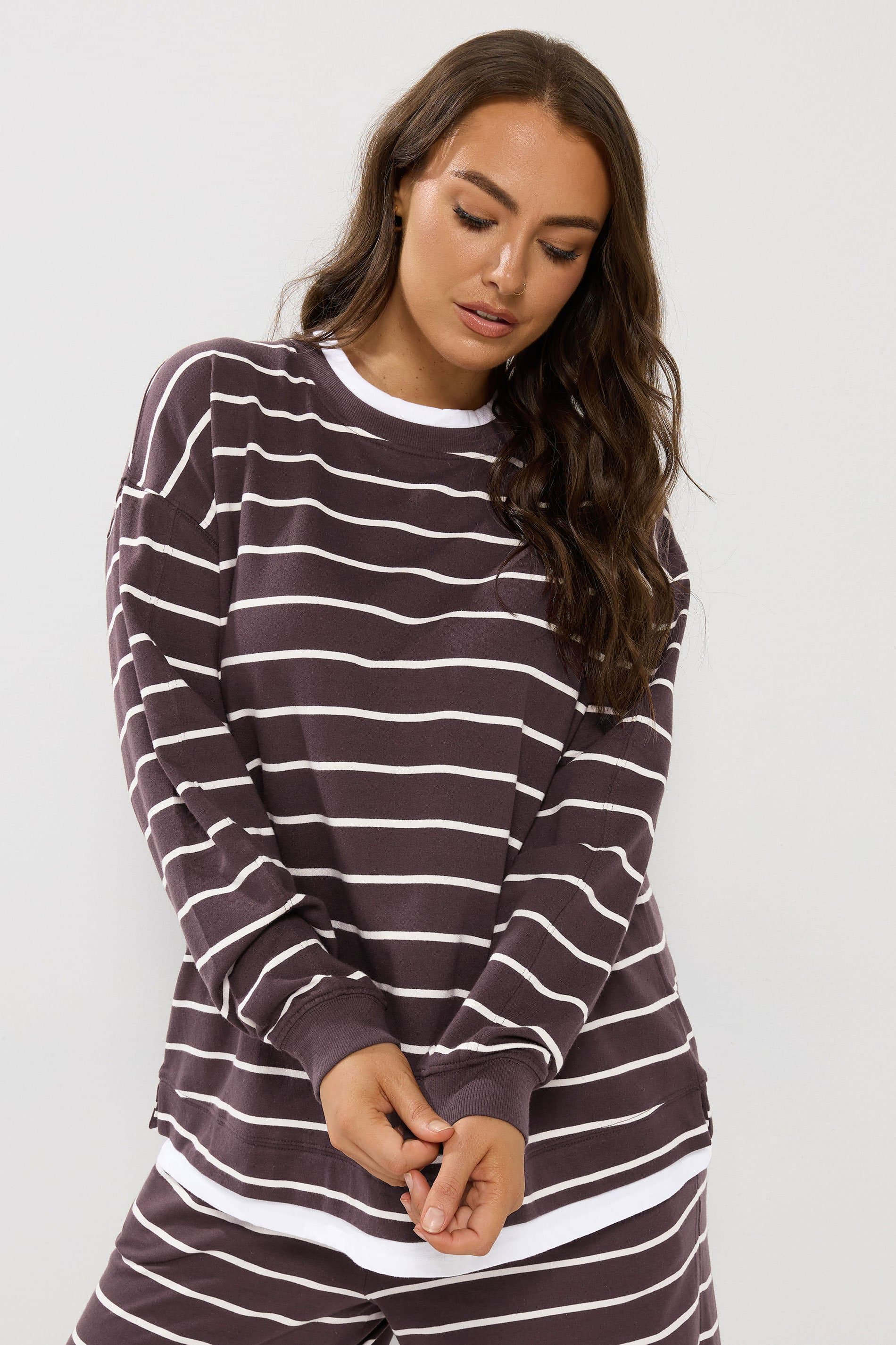 Yours Plus Size Chocolate Brown Stripe 2In1 Top