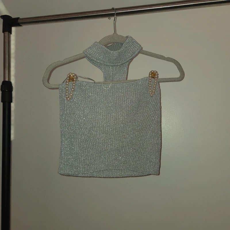 Bershka Sparkle Knitted Choker Detail Cropped Bandeau Top