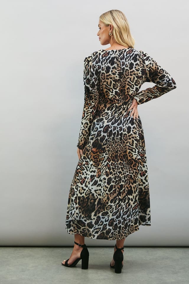 Wallis Wallis Women's Petite Leopard Viscose Ruched Sleeve Midi Dress in Neutral - 3