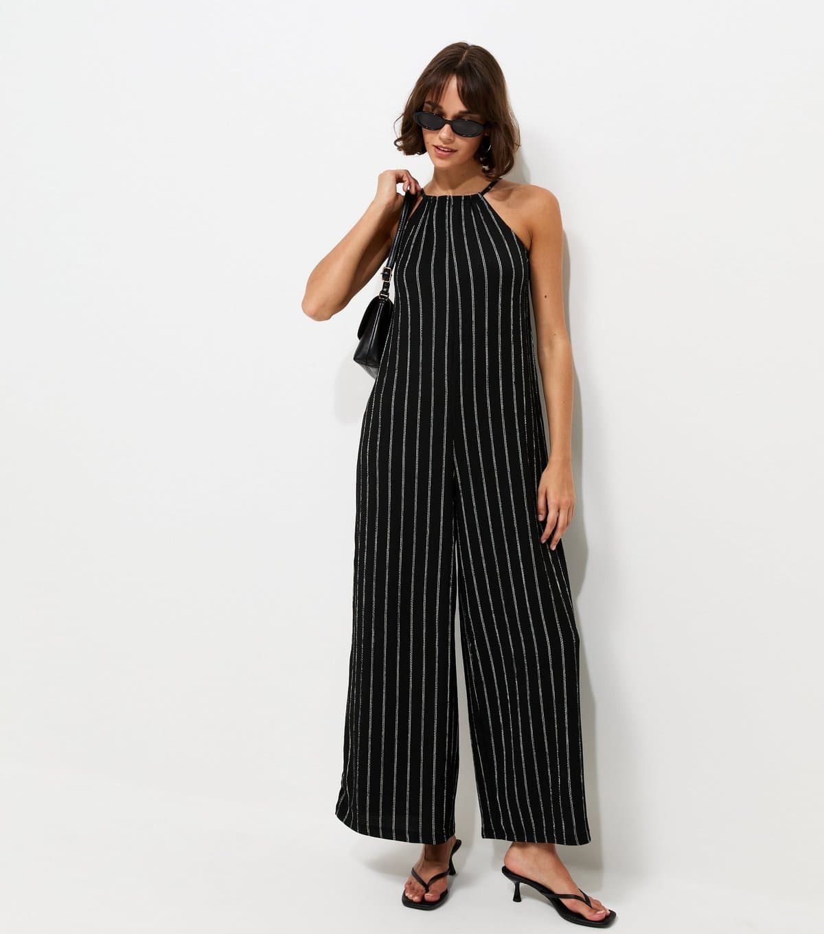 New Look Women's Black Crinkle Texture Striped Halter Neck Jumpsuit New Look