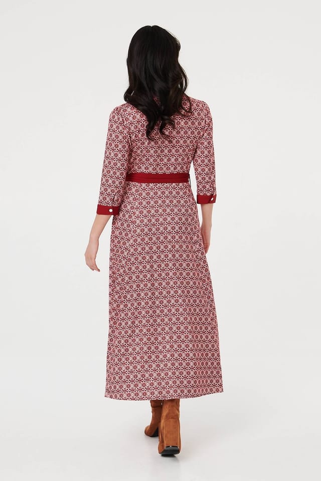 Izabel London Izabel London Women's Printed 3/4 Sleeve Tie Waist Maxi Dress in Pink - 3