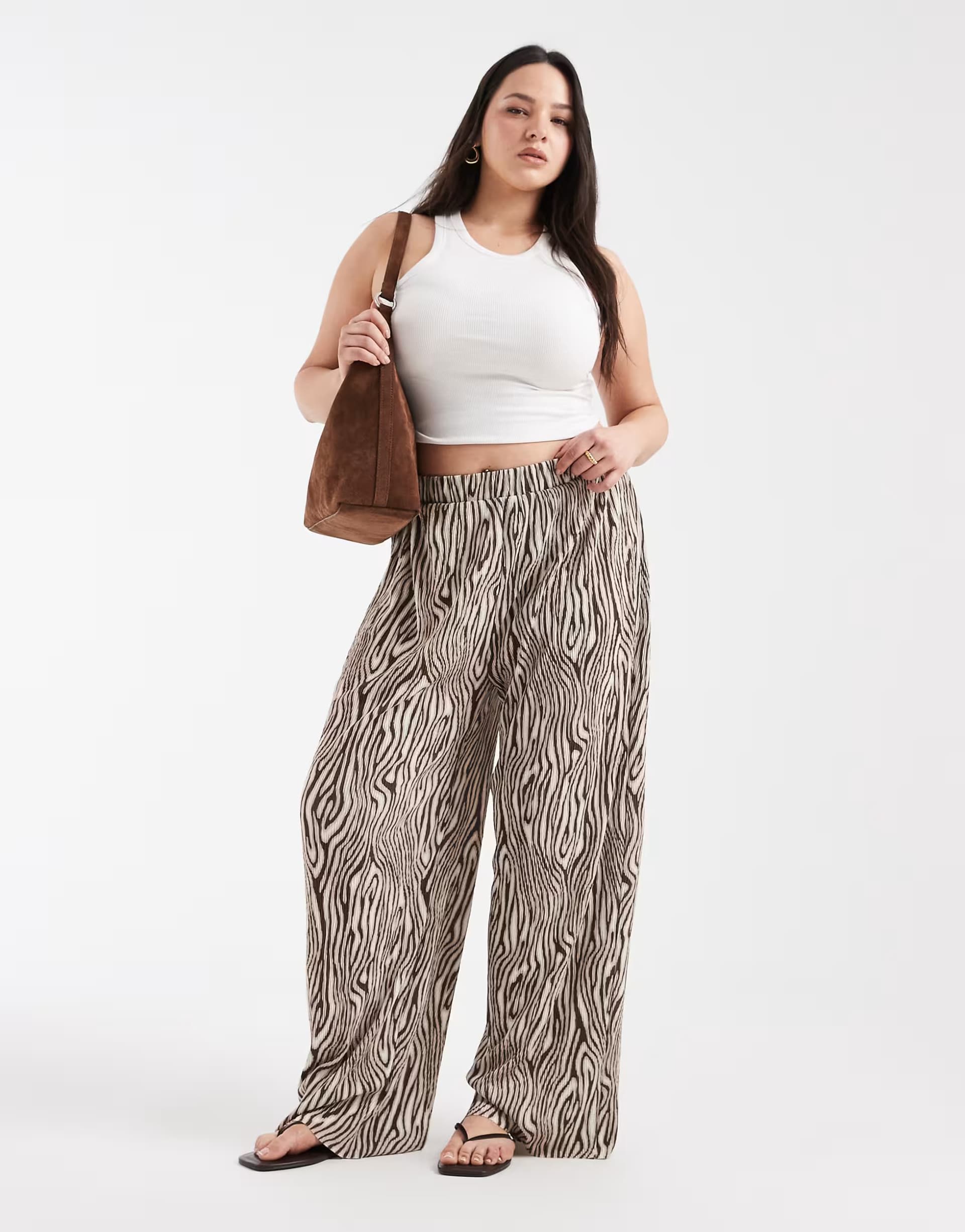 ASOS Pieces Curve wide leg plisse trousers in brown animal print