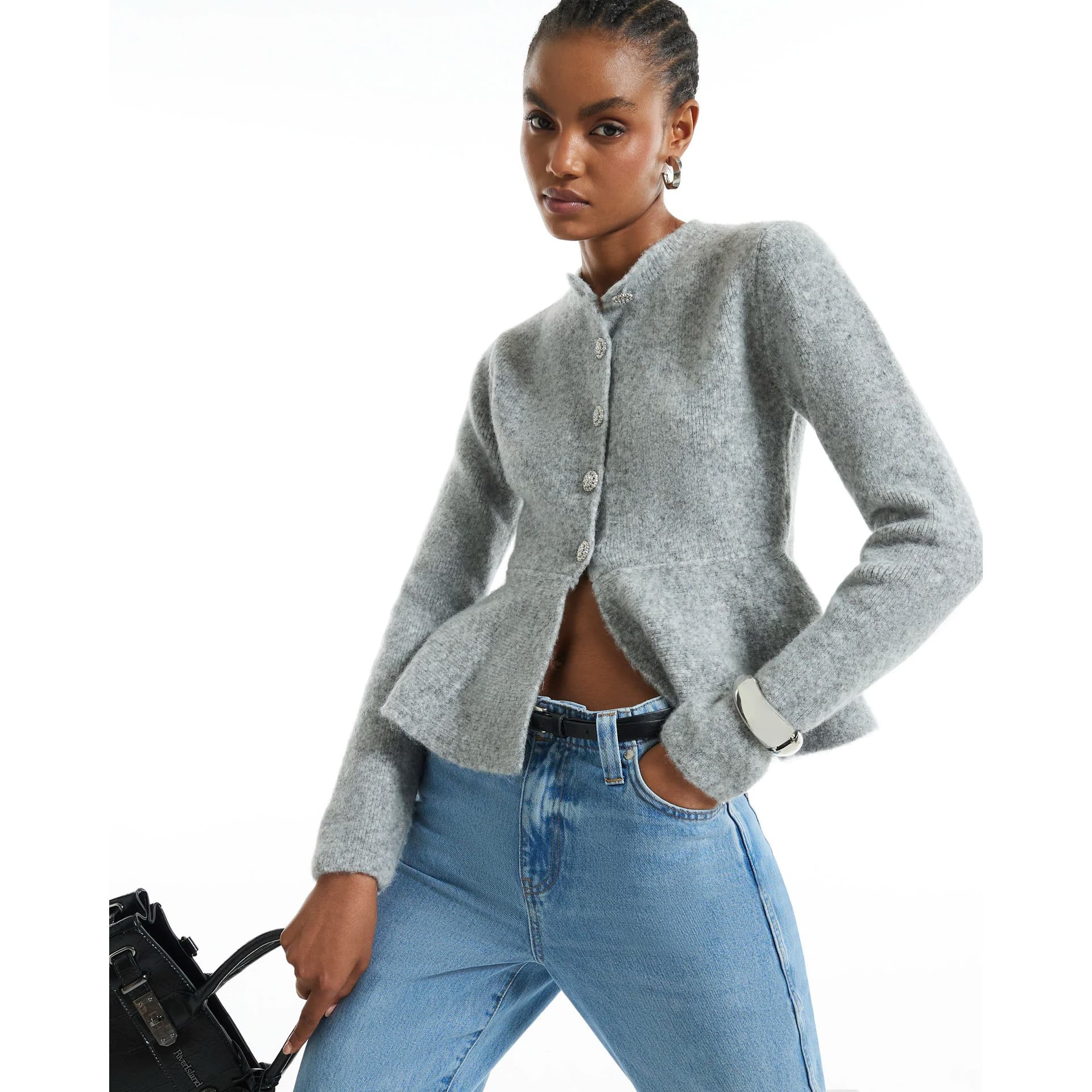 River Island River Island Womens Grey Knitted Peplum Hem Cardigan