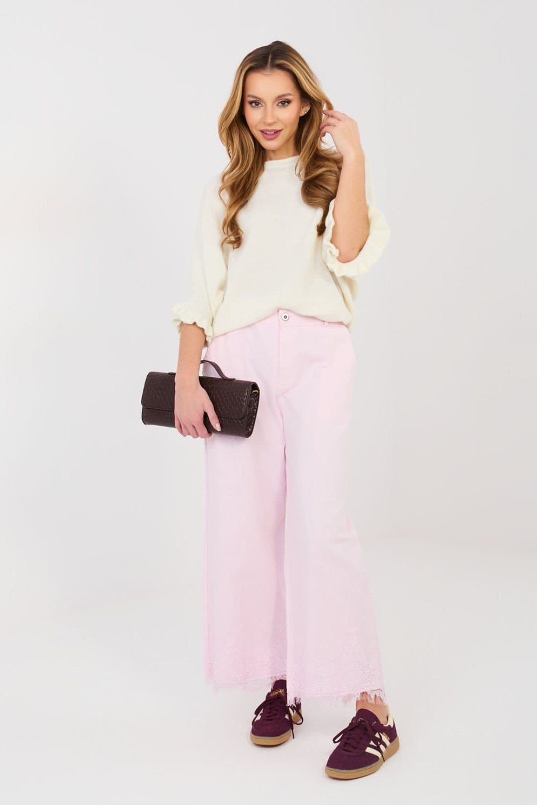 Love Lace Love Lace Women's High Waist Wide Leg Jeans with Lace Hem in Pink