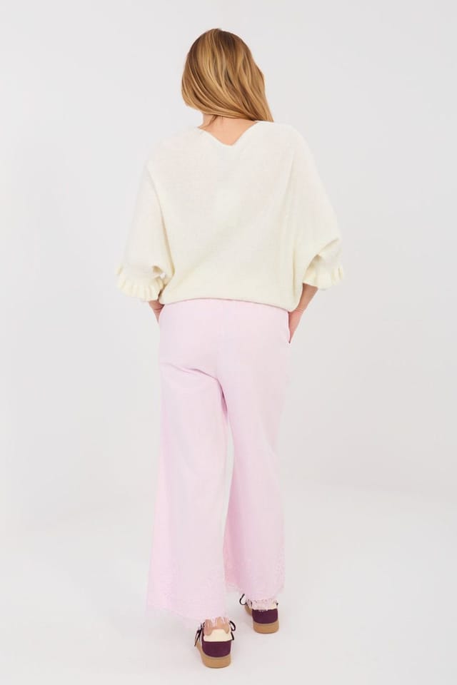 Love Lace Love Lace Women's High Waist Wide Leg Jeans with Lace Hem in Pink - 3