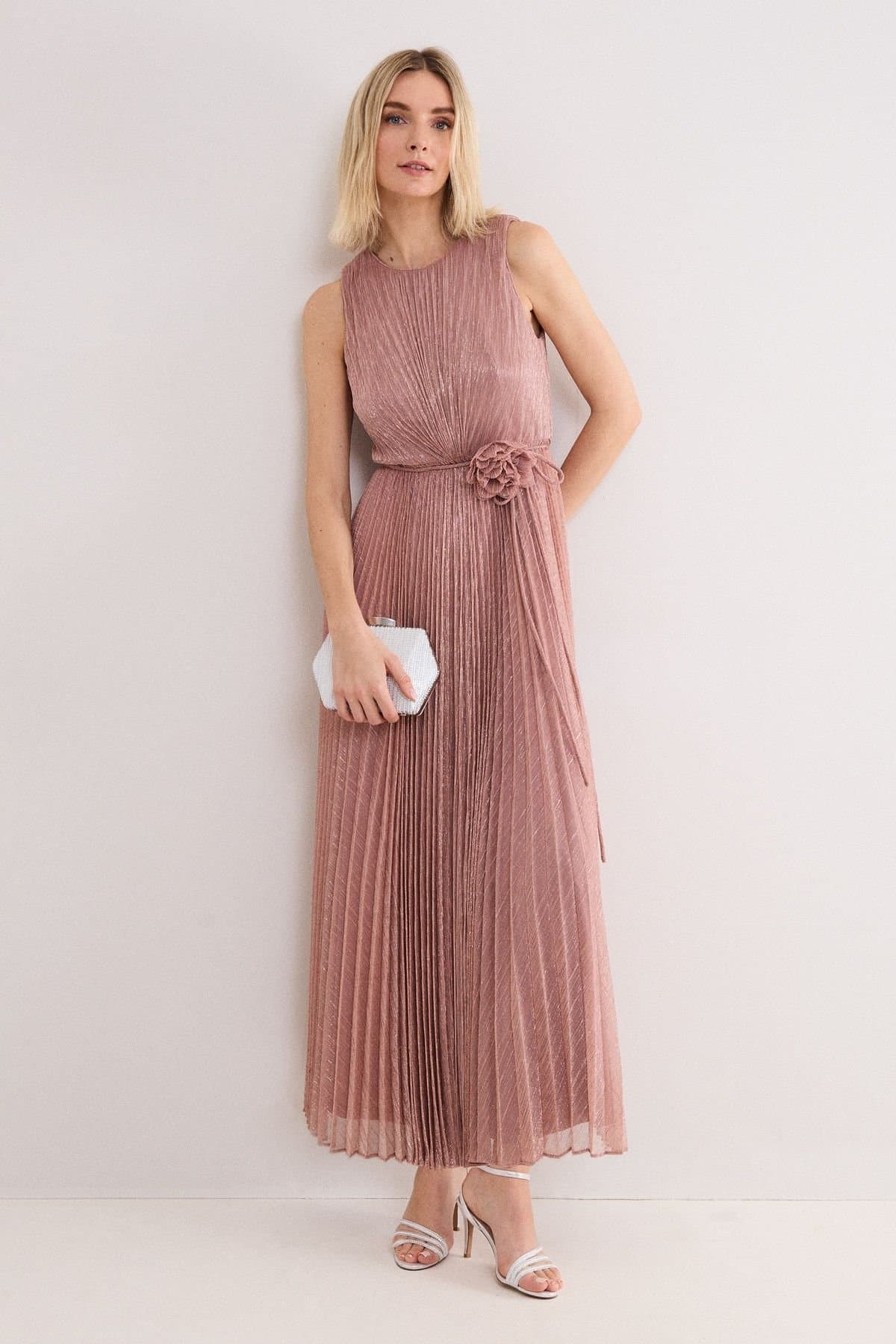 Phase Eight Phase Eight Women's Simara Flower Detail Pleated Maxi Dress in Dusty Pink