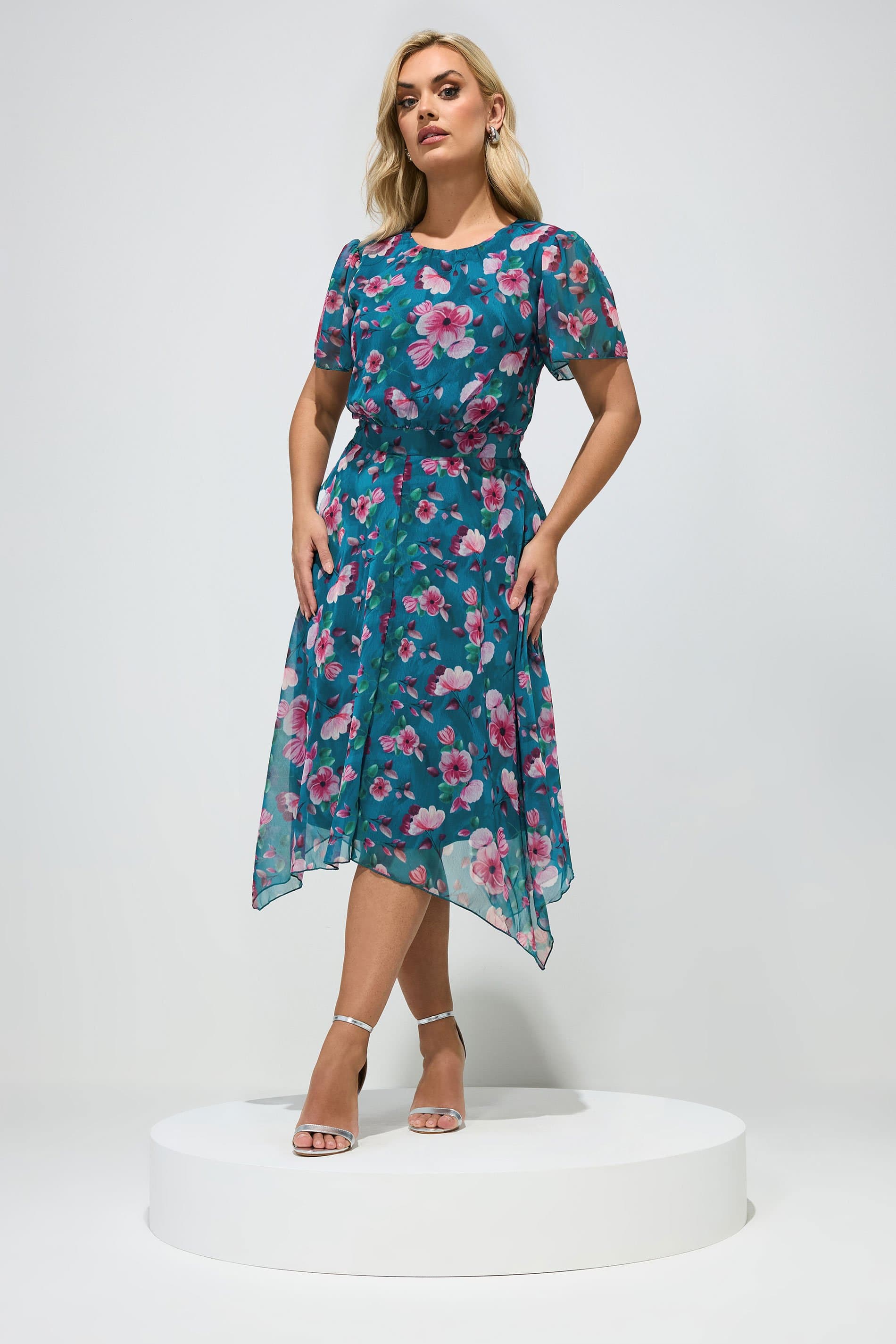 Yours London Plus Size Teal Blue Floral Ruffle Hem Dress