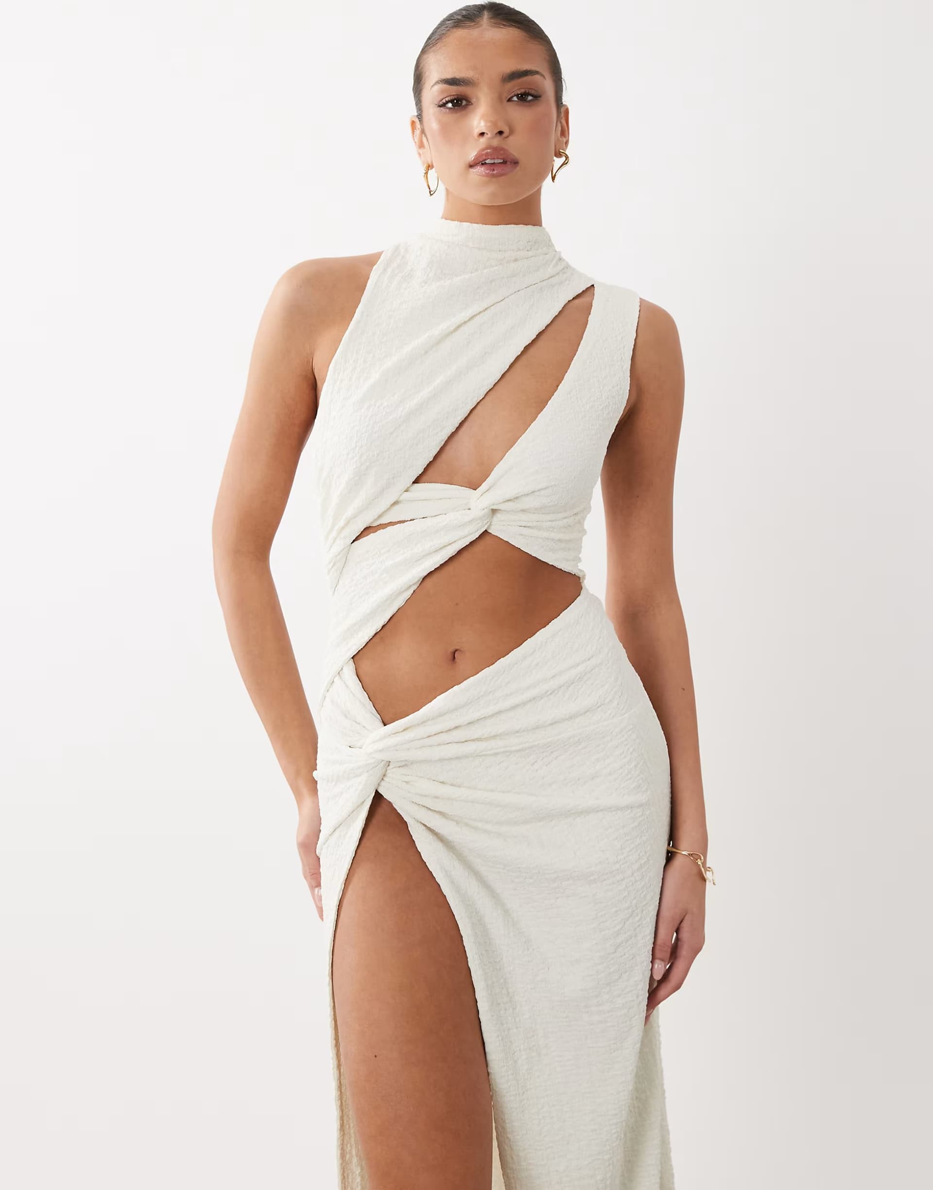 ASOS Noughts & Kisses textured high neck cut out thigh split maxi dress in cream