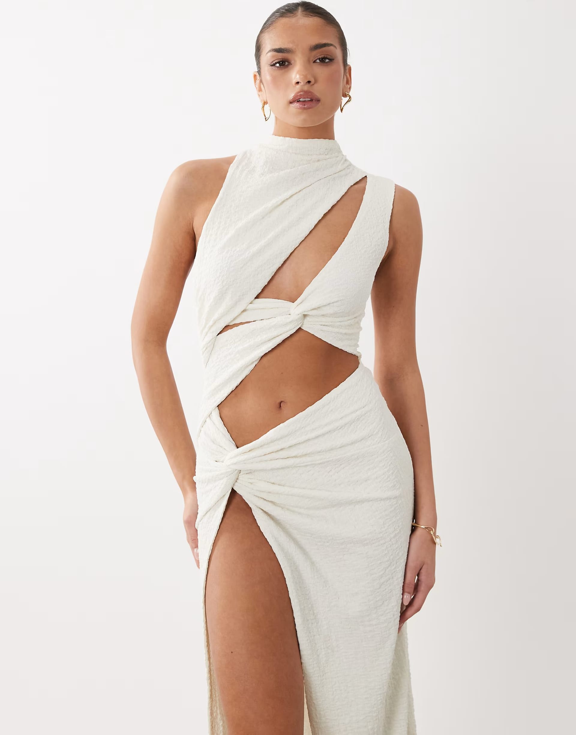ASOS Cream Textured High Neck Cut-Out Maxi Dress