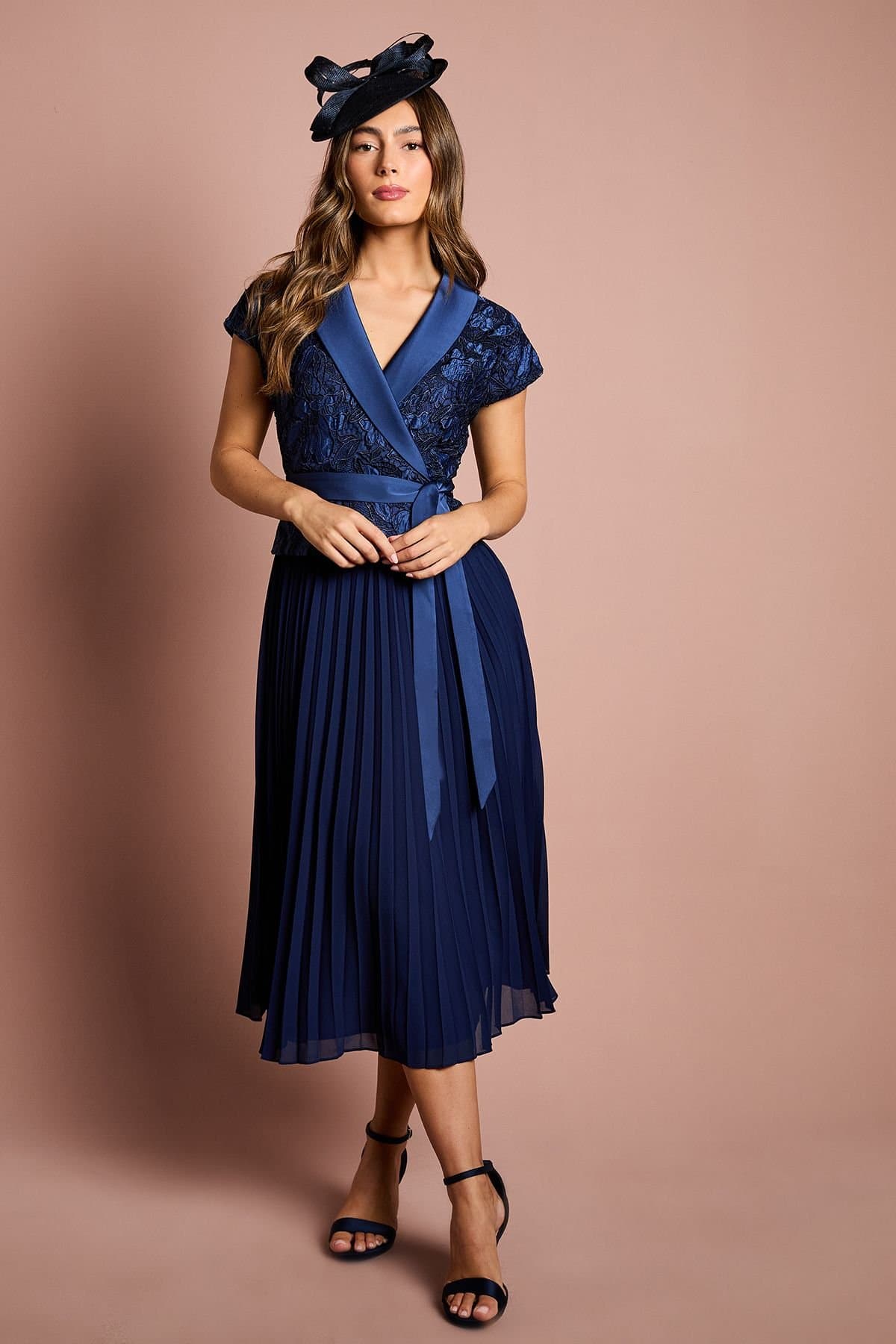Coast Coast Women's Lace Wrap Top Pleat Tux Midi Dress in Navy