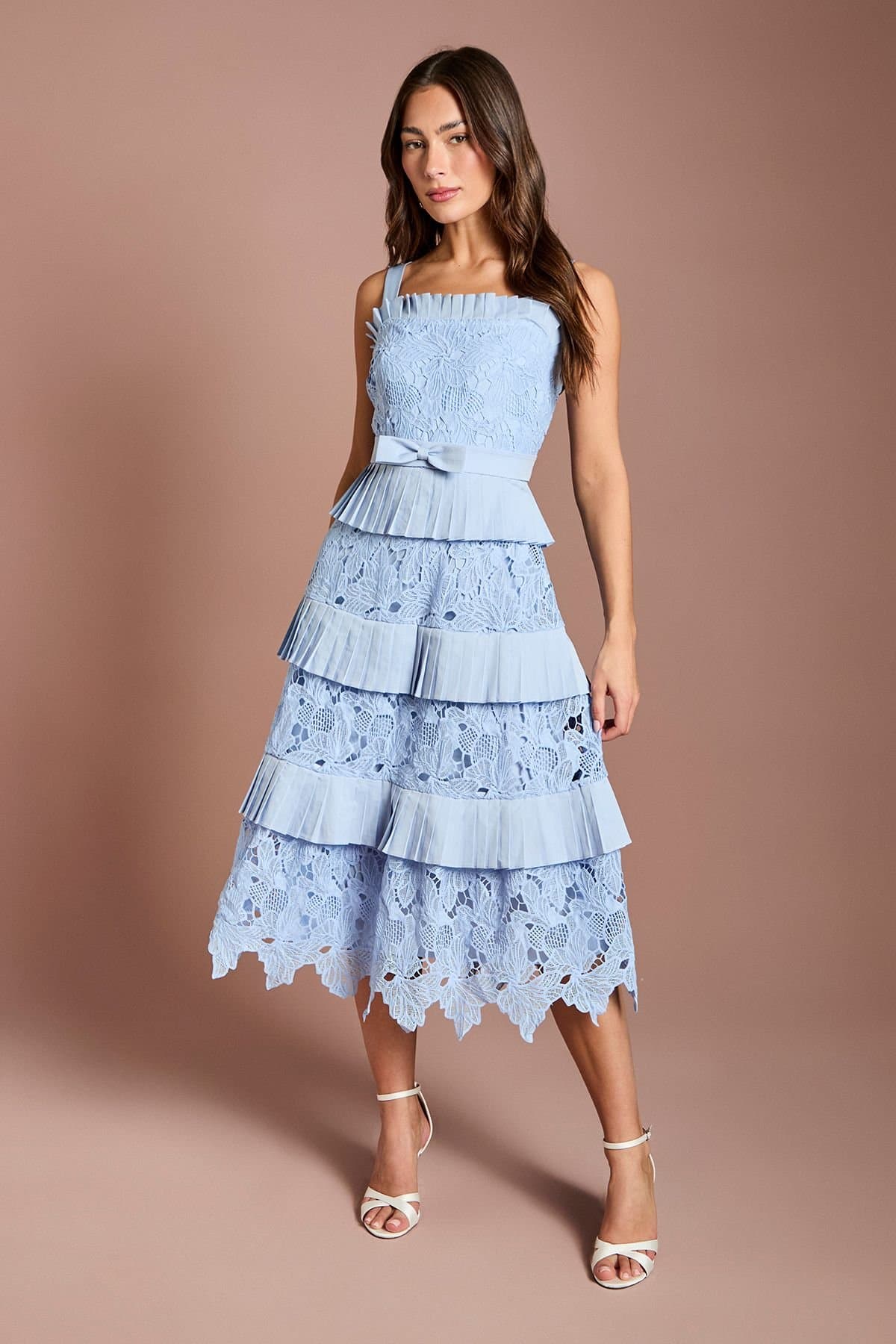 Coast Coast Women's Lace Tiered Detail Strappy Midi Dress in Cornflower Blue