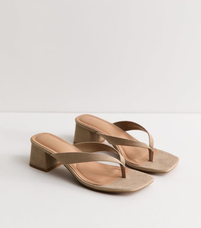 New Look Women's Light Brown Faux Suede Toe Post Block Heel Sandals Vegan New Look - 2