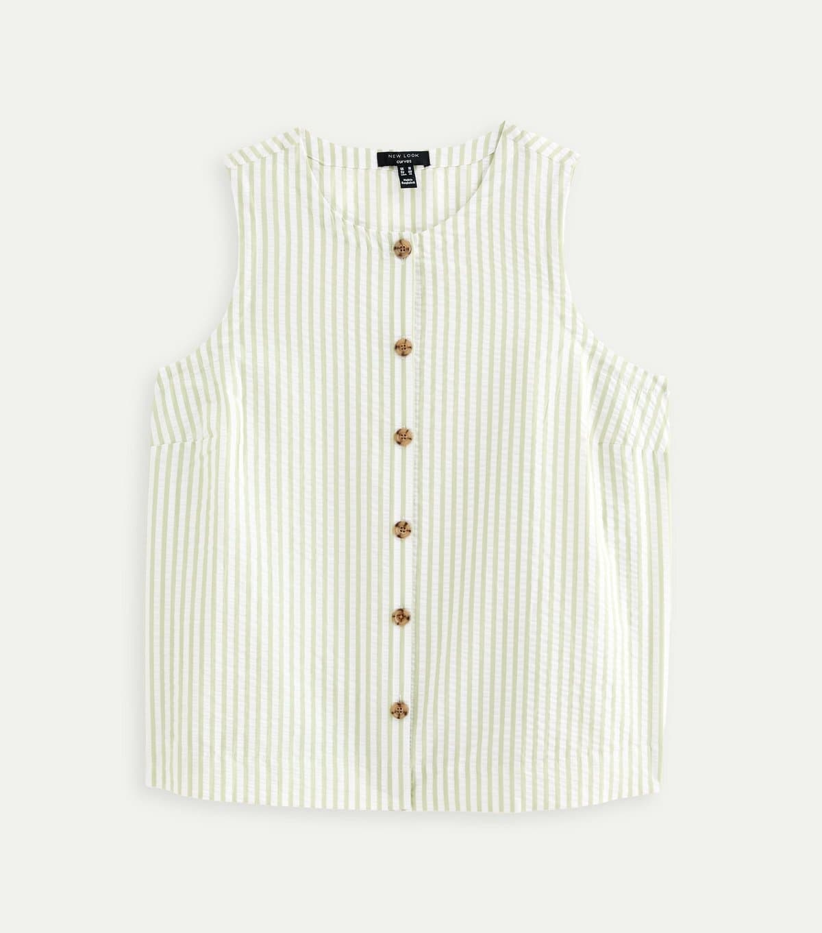 New Look Women's Plus Size Green Cotton Stripe Button Through Waistcoat Curves New Look
