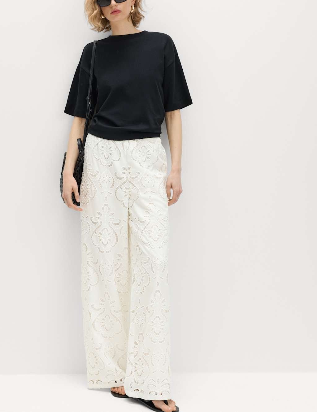 Marks & Spencer M&S Cutwork Embroidered Straight Leg Trousers Ivory - 1