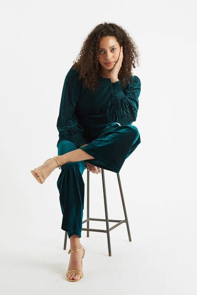 Louche Louche Women's Elina Velvet Straight Leg Trouser Petrol - 3