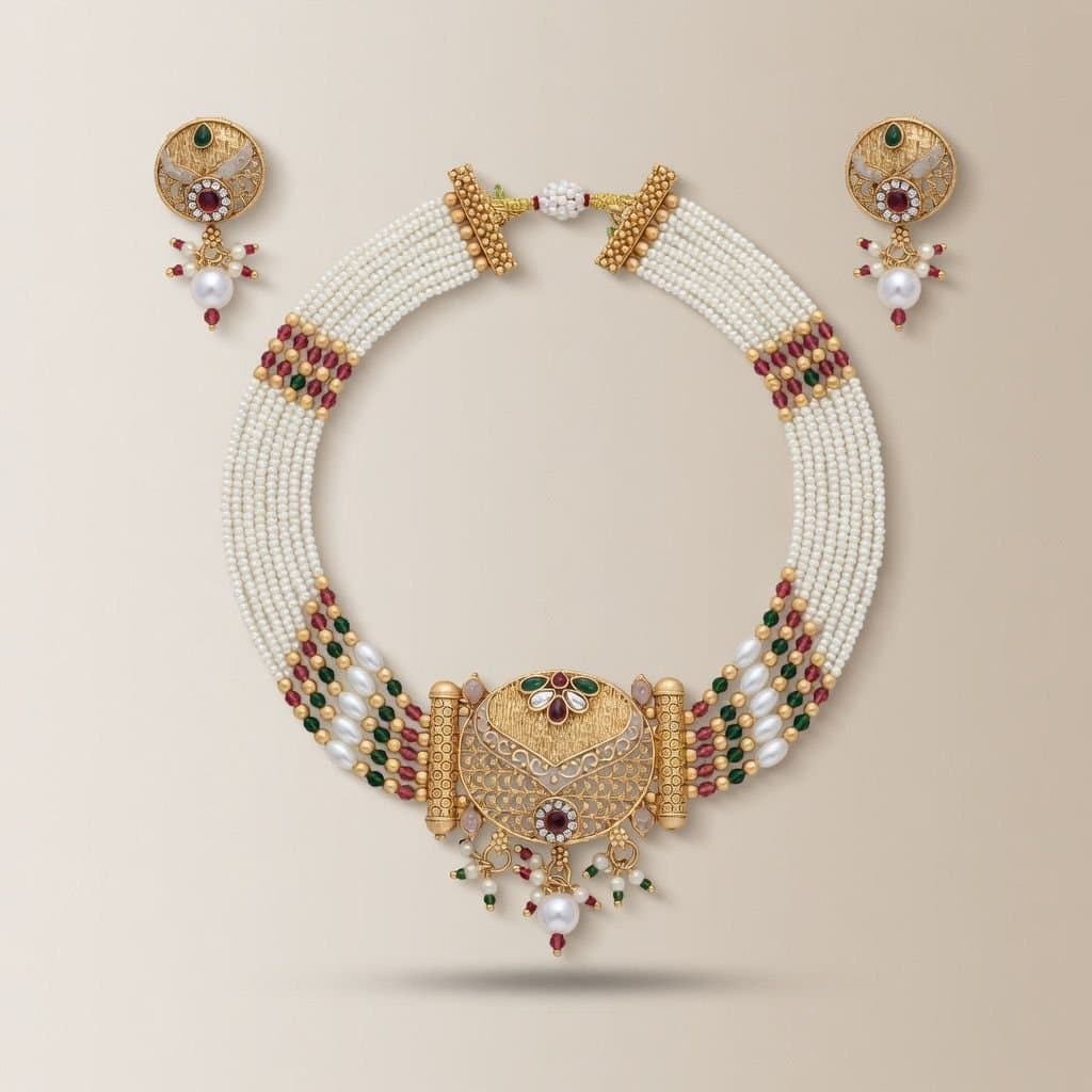 The Colourful Aura The Colourful Aura Gold Pearl Dangle Choker Necklace