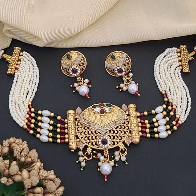 The Colourful Aura The Colourful Aura Women's Traditional Ethnic Multi Strand White Pearl Dangle Diana Choker in Gold - 2