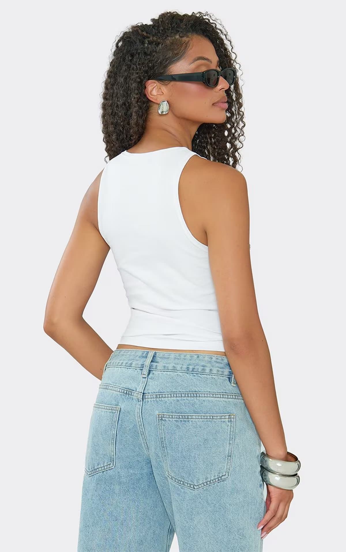 EGO Sleeveless Graphic Detail Vest Top In White, Women's Size UK 6