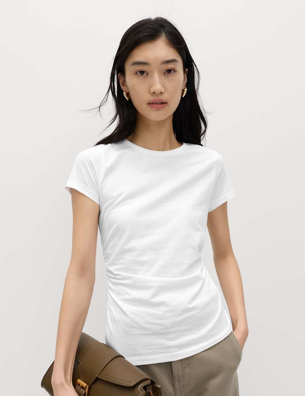 Marks & Spencer M&S Pure Cotton Slim Fit Ruched T-Shirt Soft White
