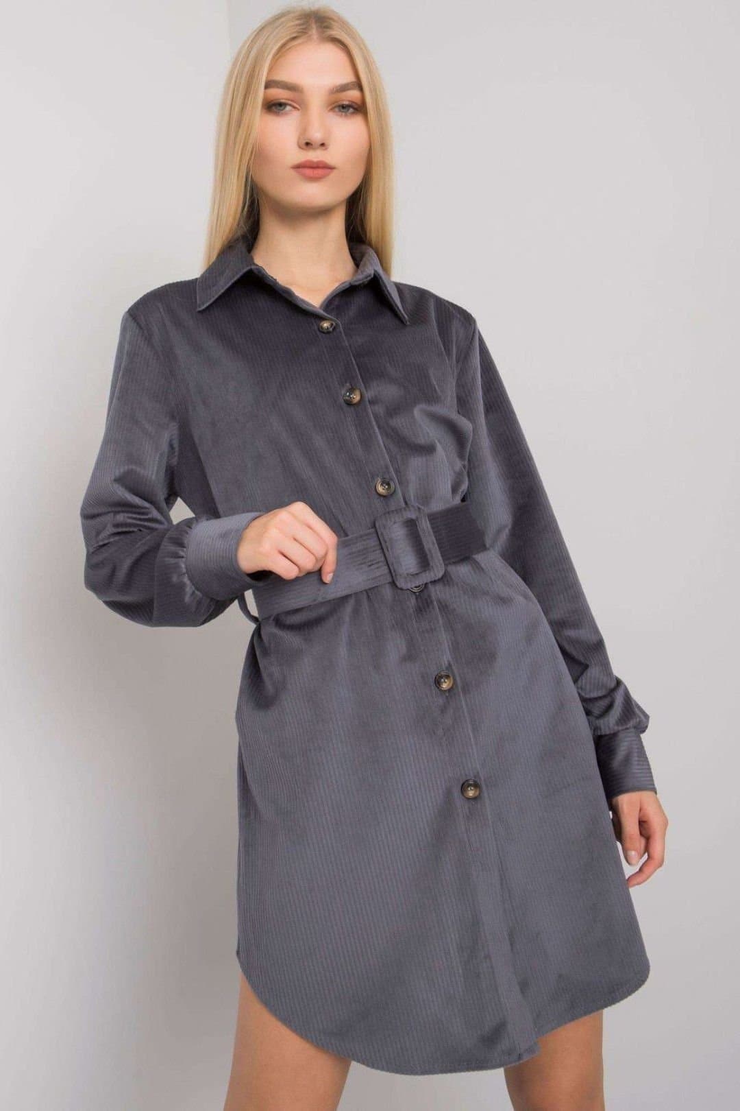 Love Lace Love Lace Women's Graphite Button Down Shirt Dress With Belt in Grey