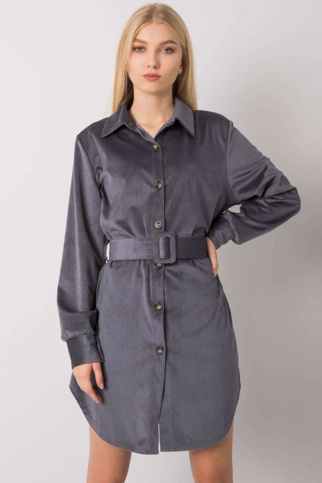 Love Lace Love Lace Women's Graphite Button Down Shirt Dress With Belt in Grey - 2