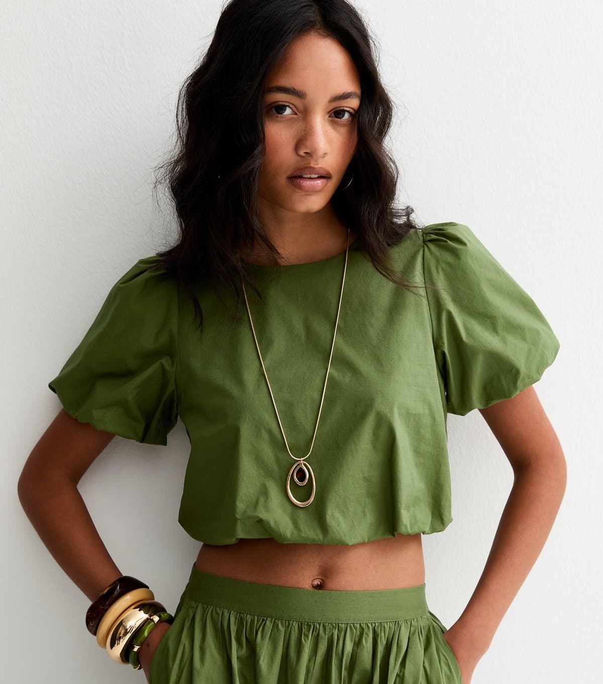 New Look New Look Green Poplin Bubble Hem Crop Top