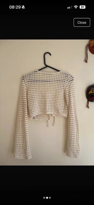 Bershka White Crochet Tie Front Crop Cardigan | Floral Embroidered | Boho Festival | Size S