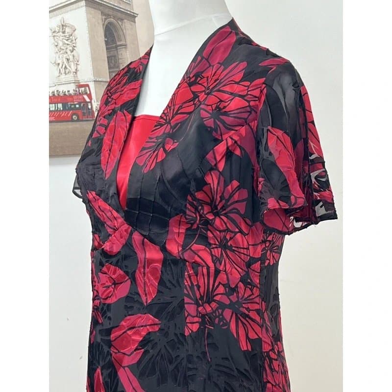 Eastex Eastex Vintage Floral A-Line Dress Red & Black Size 10 Chiffon Flutter Sleeves